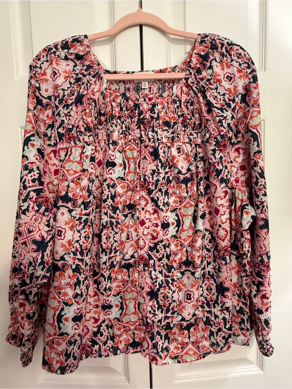 Wonderly Pink Multi Floral Smocked Peplum Blouse Plus Size 2X